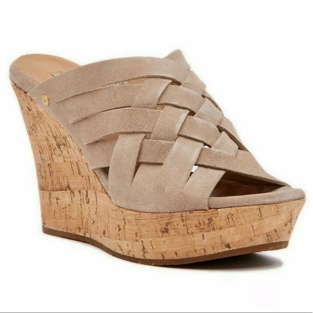 UGG Marta Cork Wedge Sandals strappy suede tan 9